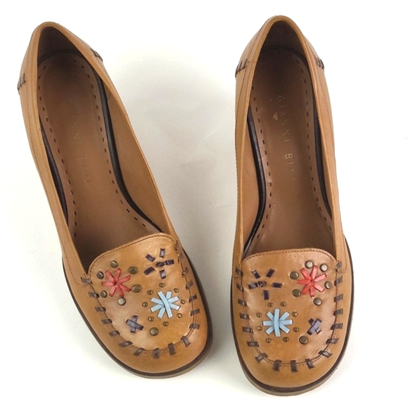 Gianni Bini Lander Leather Slip-on Wedge Heel Whipstitch Studded Loafer Tan - Picture 8 of 16